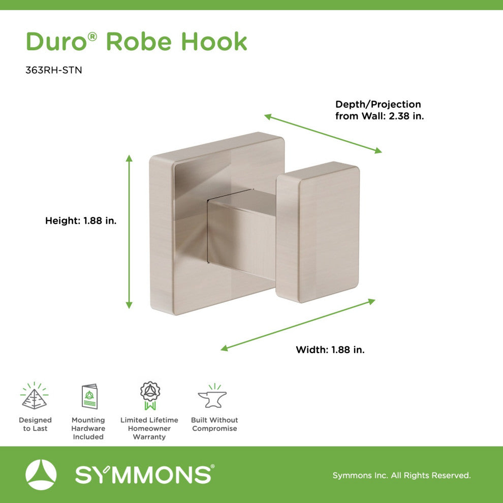 Duro Wall Mounted Bathroom Robe Hook, Satin Nickel