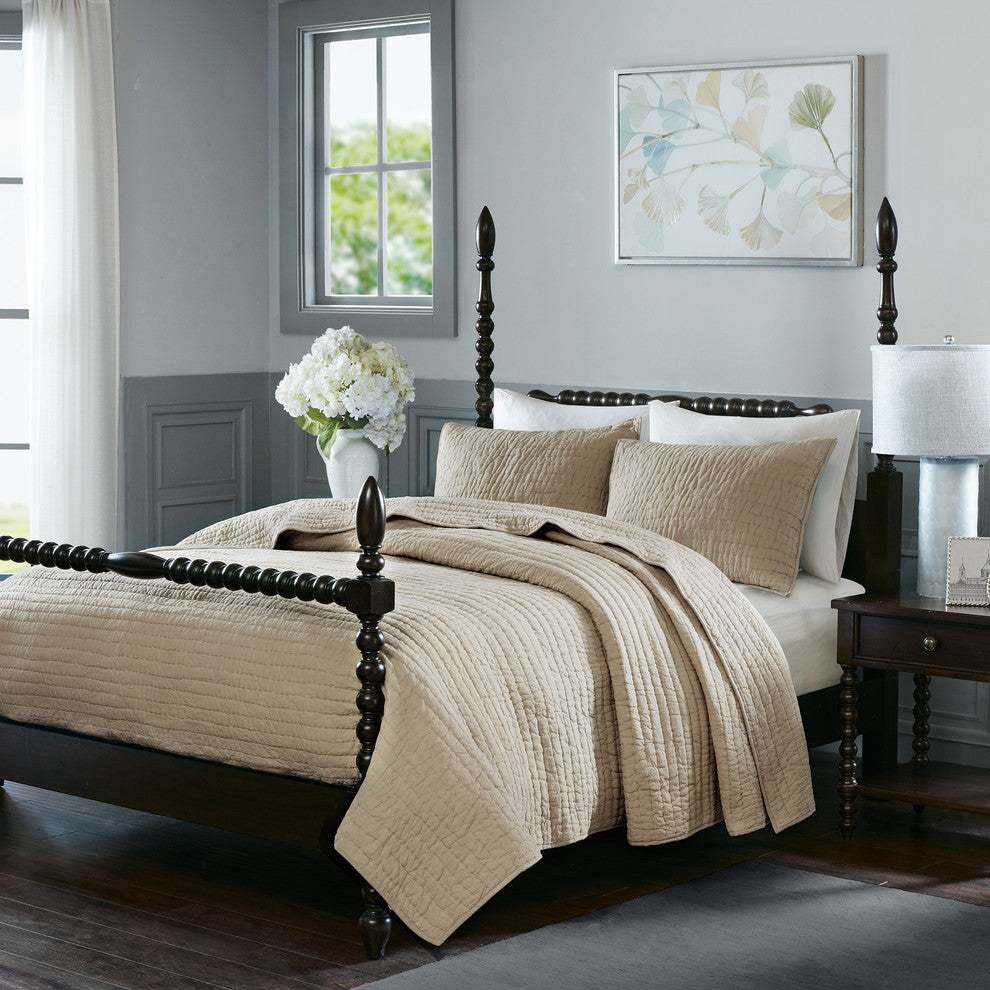 Madison Park Serene Cotton Hand Quilted Coverlet Set, Linen, King