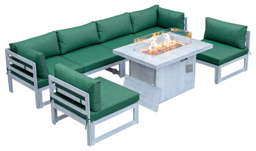 LeisureMod Chelsea 7-Piece Gray Patio Sectional With Fire Pit Table, Green