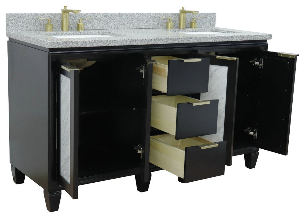 61" Double Sink Vanity, Black Finish With Gray Granite And Rectangle Sink