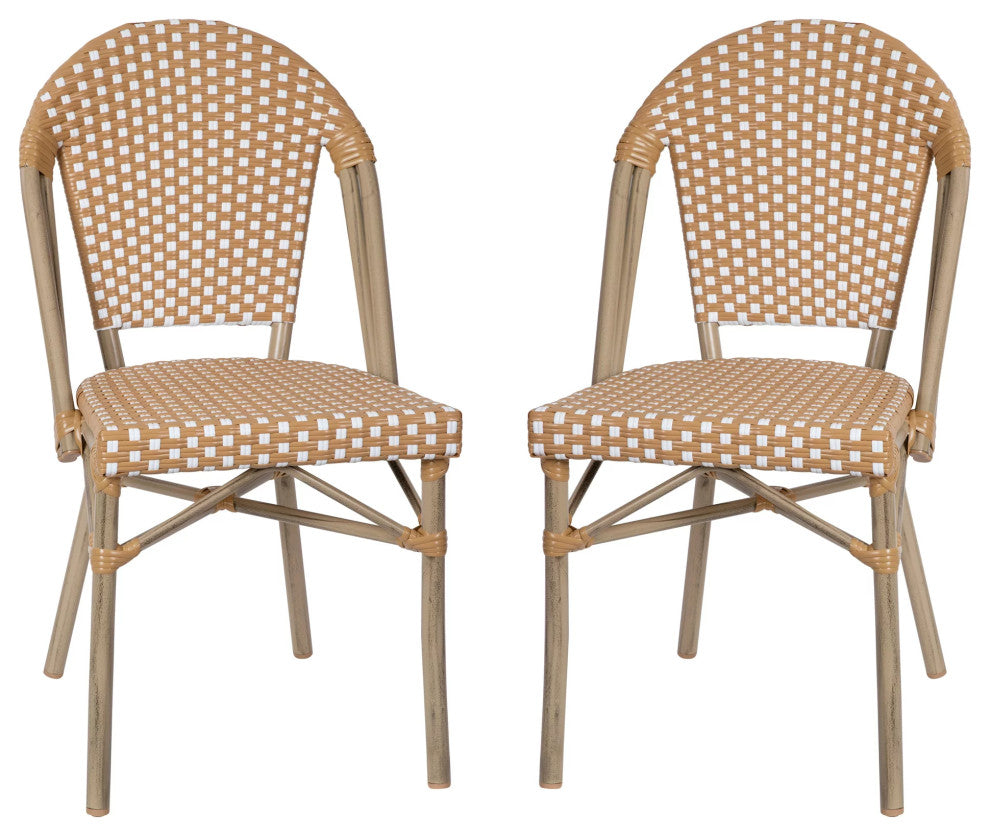 Set of 2 Indoor Outdoor Dining Chair, Woven Rattan Seat & Back, Natural & White