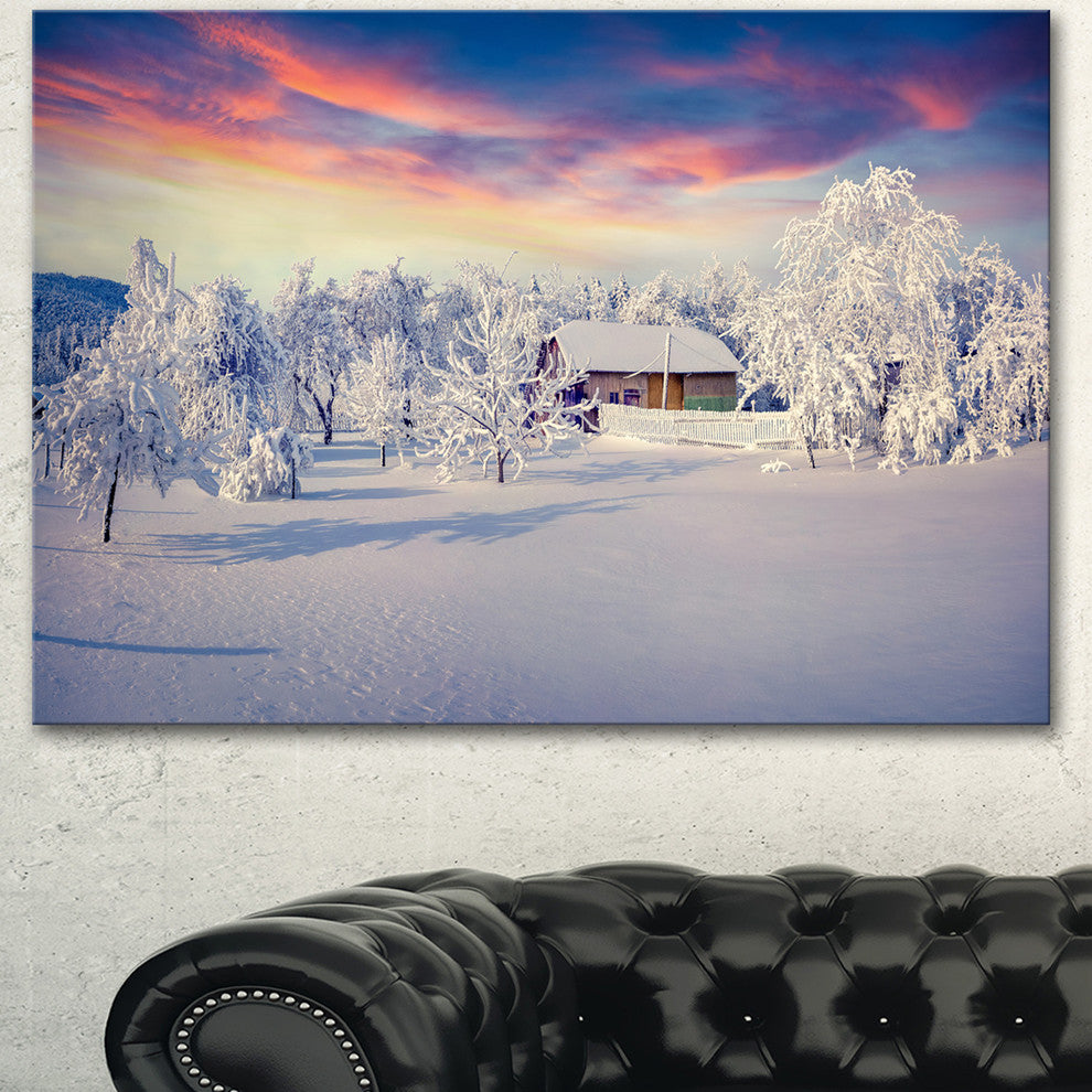 Snowfall Covering Trees and Houses, Large Landscape Canvas Art Print, 60"x28"