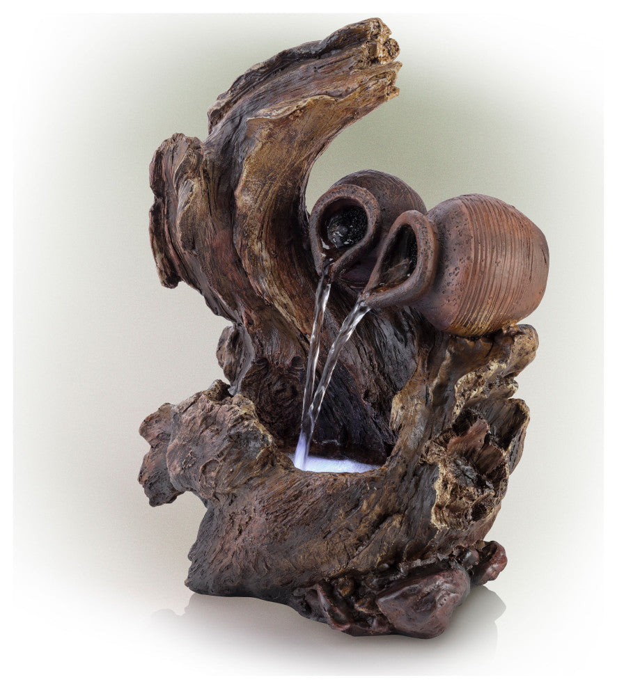 Alpine Two Jars on Tree Branch Tabletop Fountain With LED Light, 14" Tall
