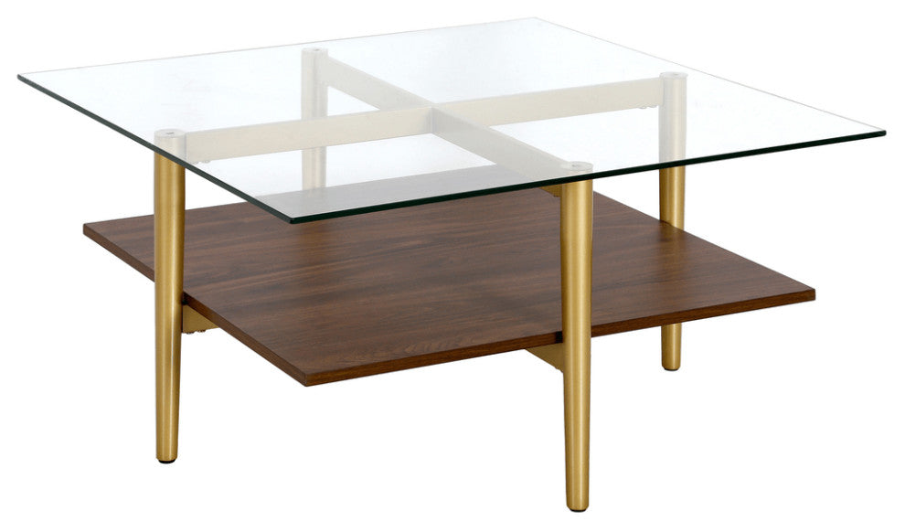 32" Brown And Gold Glass And Steel Square Coffee Table With Shelf