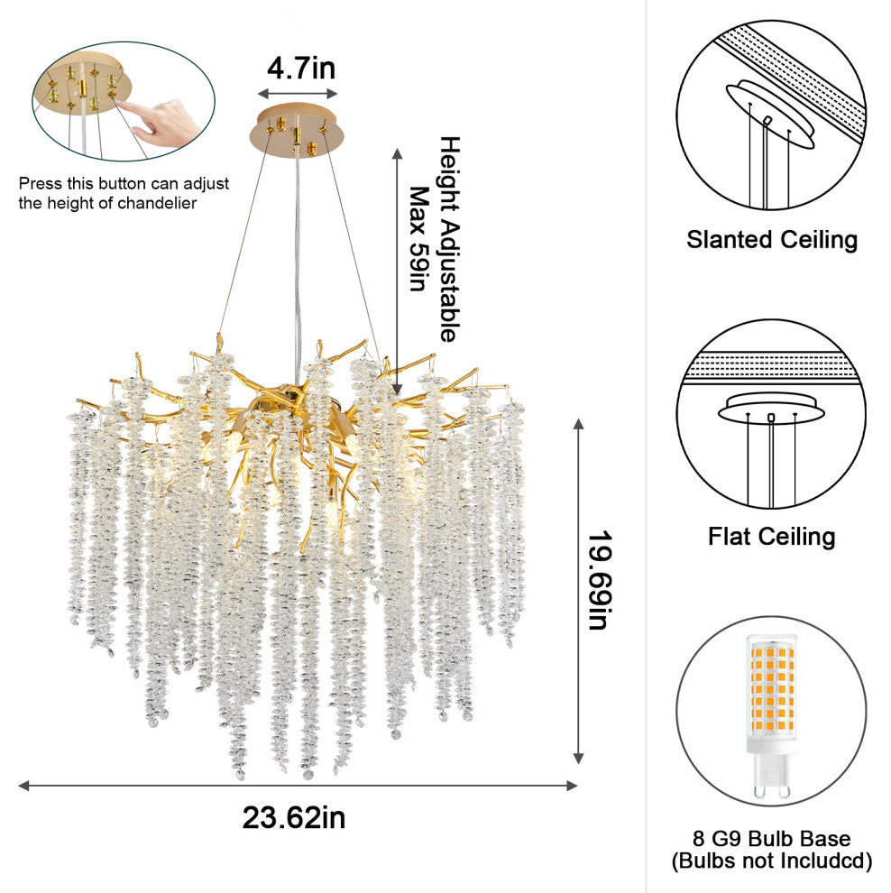 Akari Tree Branch Art Glass Gold Tassels Chandelier Light, D24"