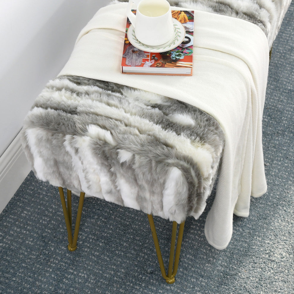 Soft Faux Fur Ottoman Fuzzy Entryway Bench Seat, Gray, 46"x16"x22"