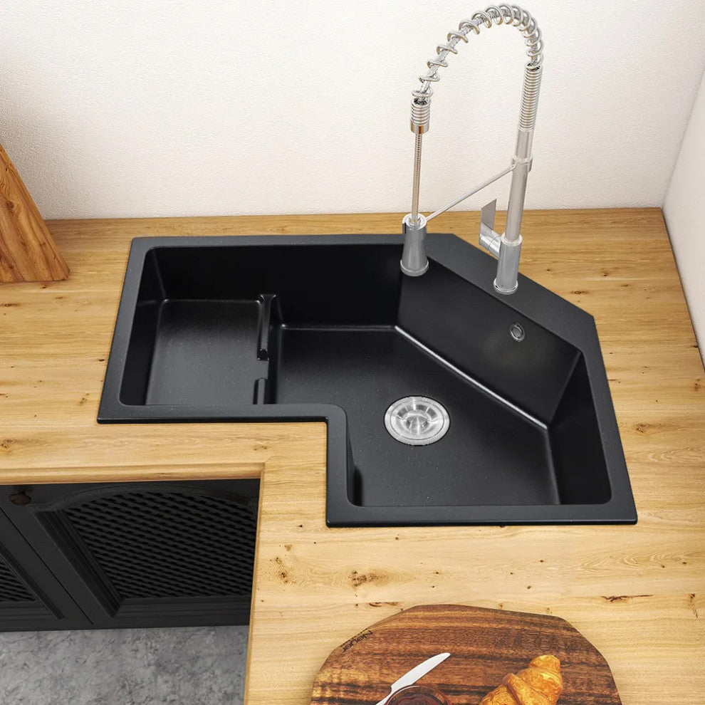 32" Modern Black Drop In Corner Kitchen Sink Single Bowl Quartz Irregular, Left Corner