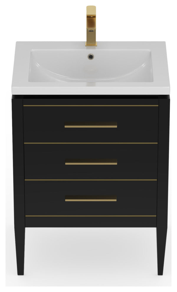 Celios Bathroom Vanity, Black with Brass Trim, 24", Single Sink, Freestanding