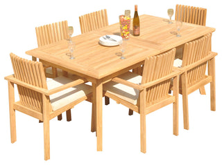 7-Piece Outdoor Teak Dining Set: 94" Rectangle Table, 6 Clip Stacking Arm Chairs