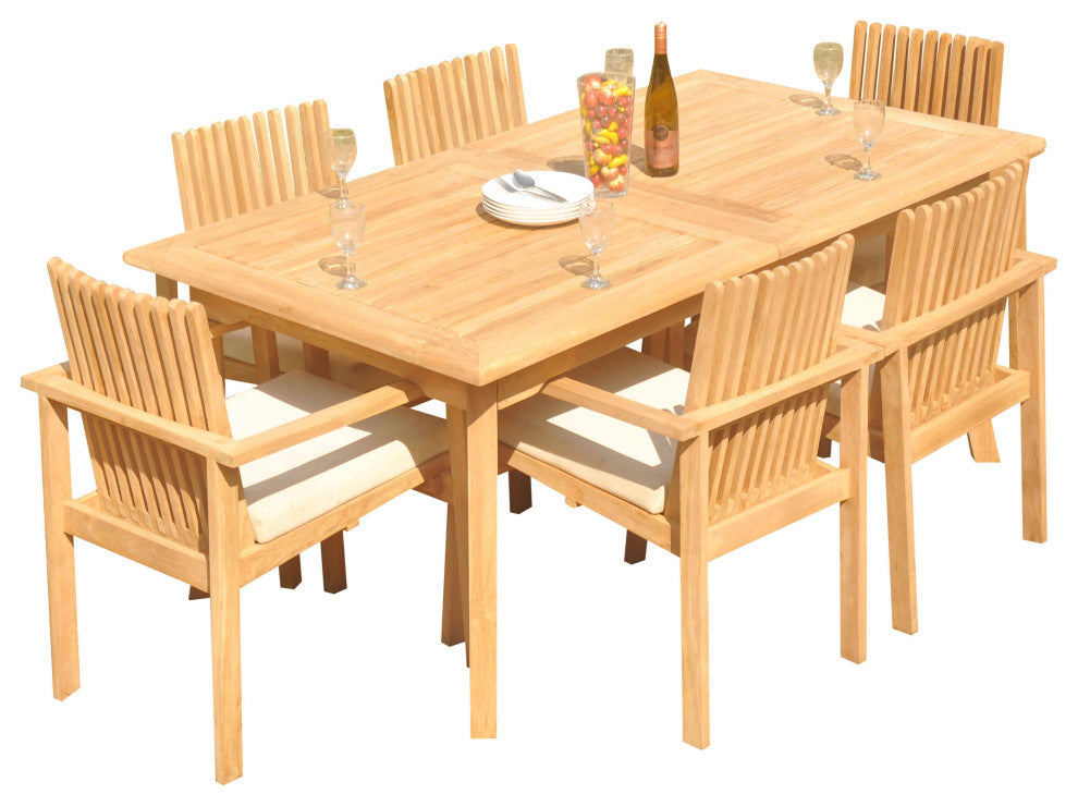 7-Piece Outdoor Teak Dining Set: 94" Rectangle Table, 6 Clip Stacking Arm Chairs