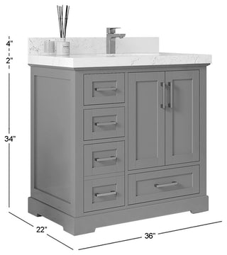 Boston 36" Right Offset Bath Vanity in Fine Grain 2" Calacatta Poanazzo