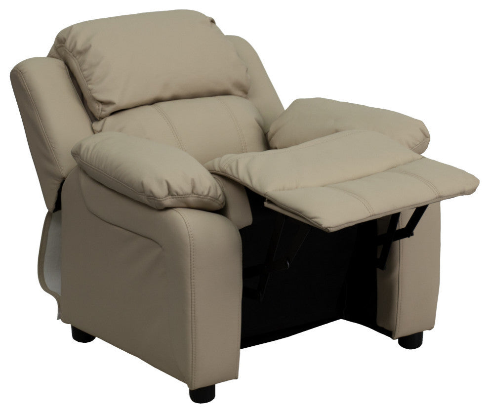 Deluxe Padded Contemporary Beige Vinyl Kids Recliner With Storage Arms
