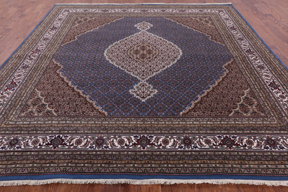 10' Square Wool & Silk Persian Tabriz Hand Knotted Rug - Q13011