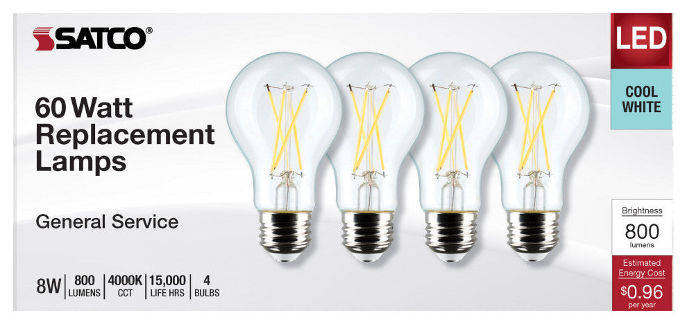 8W A19 LED, Clear, 4000K, Medium Base, 120V, 4-Pack
