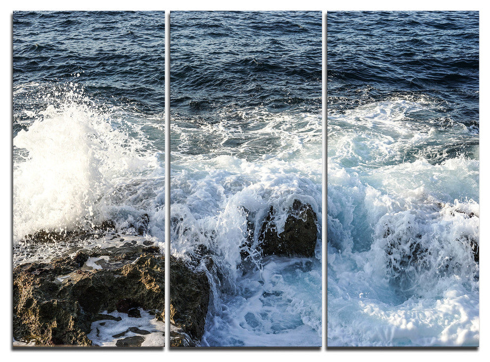 "Waves Breaking on Stony Beach" Metal Wall Art, 3 Panels, 36"x28"