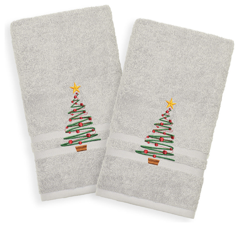 Christmas Tree, Embroidered Luxury Denzi Hand Towels, Set of 2, Gray