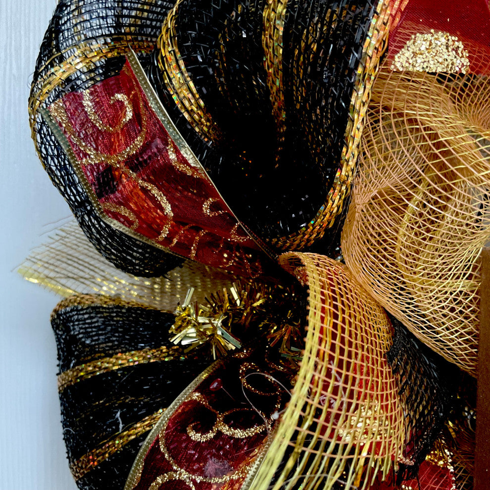 Seasons Greetings Black and Gold Handmade Deco Mesh Wreath