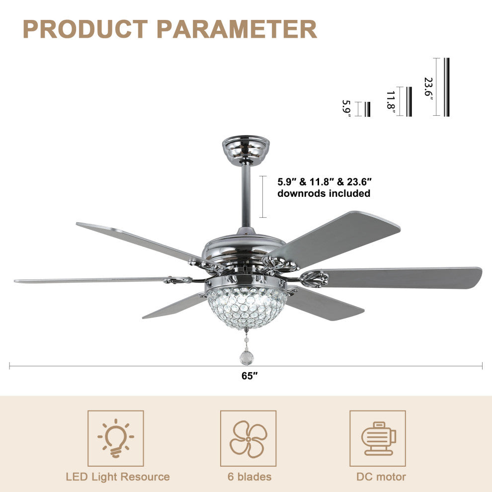 65" Modern Crystal Ceiling Fan with Dimmable LED Light and Remote, Silver