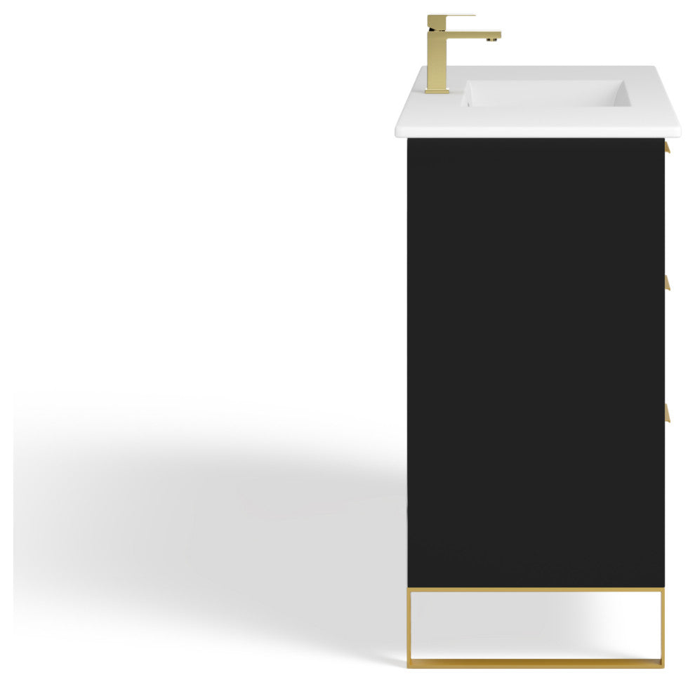 Bradford Bath Vanity, Black Matte, 48", Satin Brass Hardware, Single Sink, Freestanding