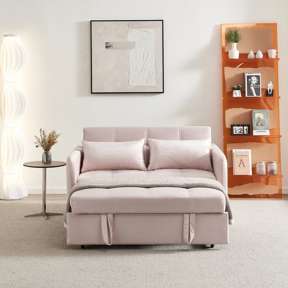 TATEUS 55.5" Twins Pull Out Sofa Bed Velvet for Small Room Pink