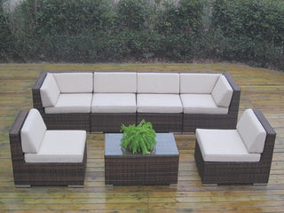 Ohana 7-Piece Deep Seating Sectional Set, Beige Sunbrella, Brown Wicker