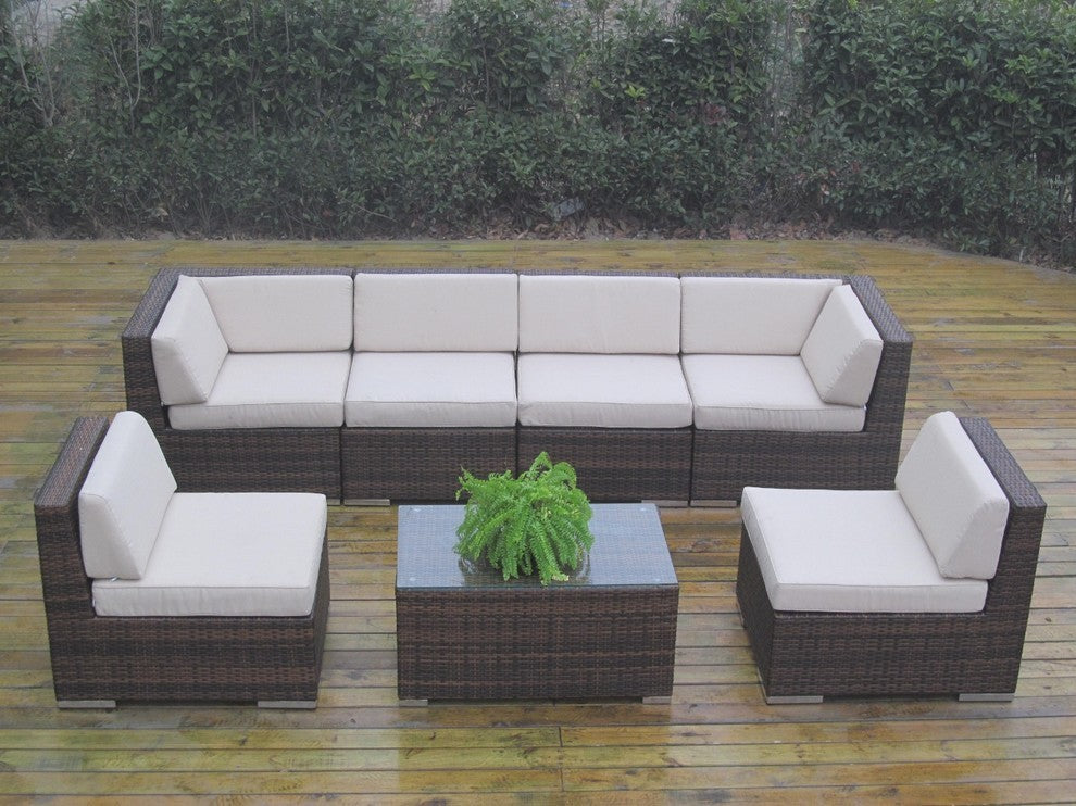Ohana 7-Piece Deep Seating Sectional Set, Beige Sunbrella, Brown Wicker