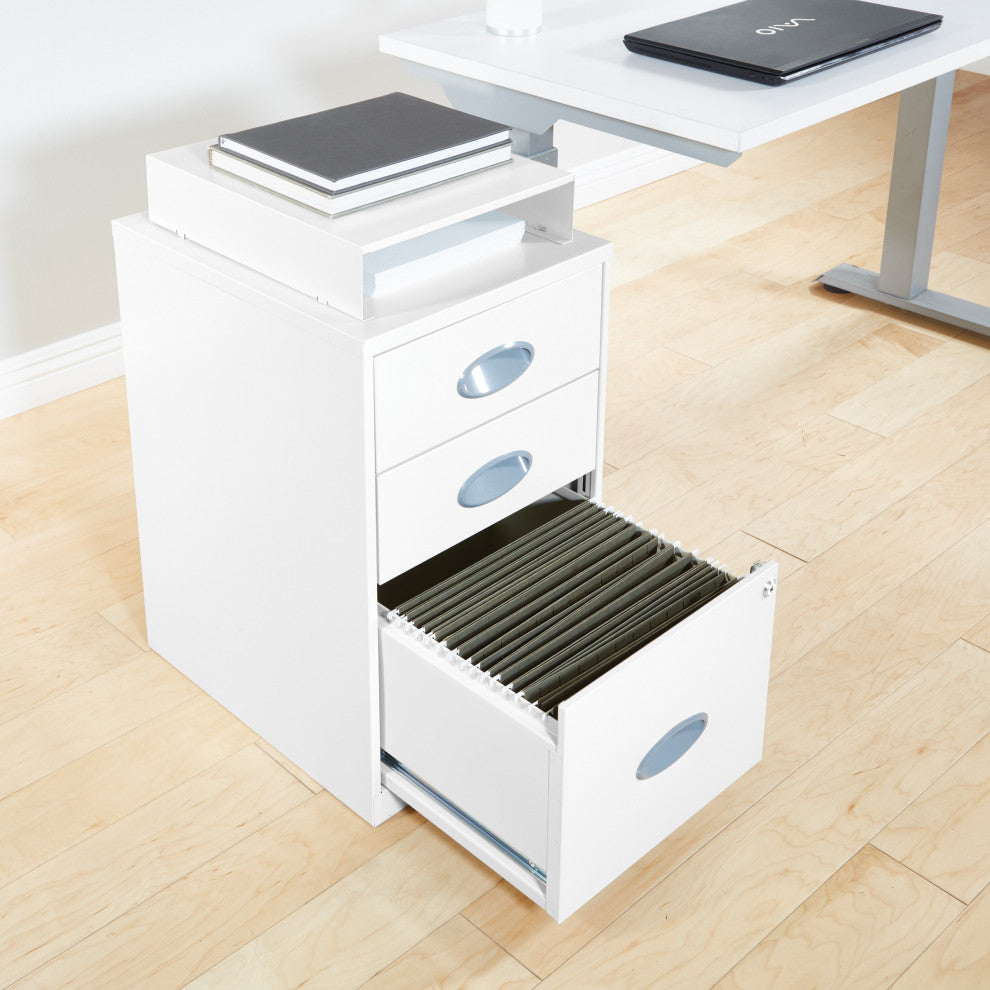 3 Drawer Locking Metal File Cabinet With Top Shelf, White