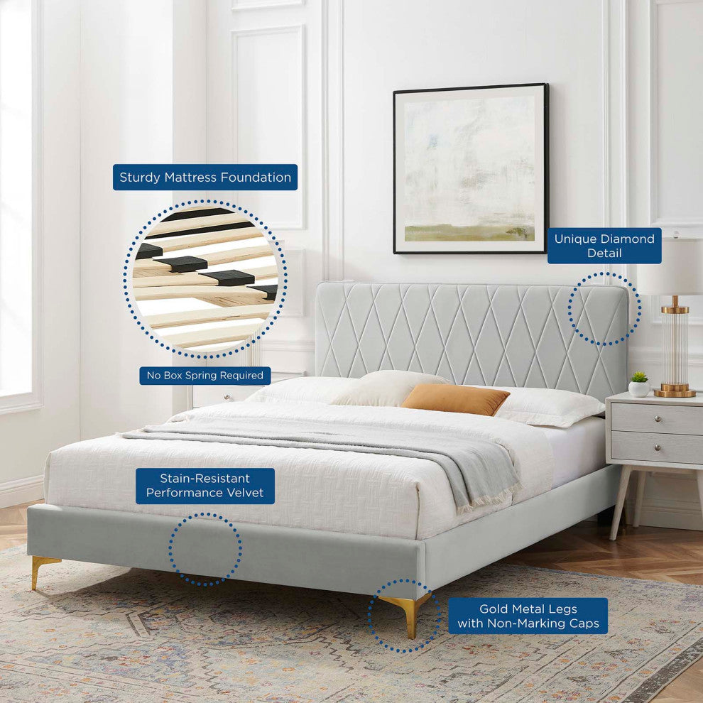 Platform Bed Frame, King Size, Velvet, Light Gray, Modern Contemporary