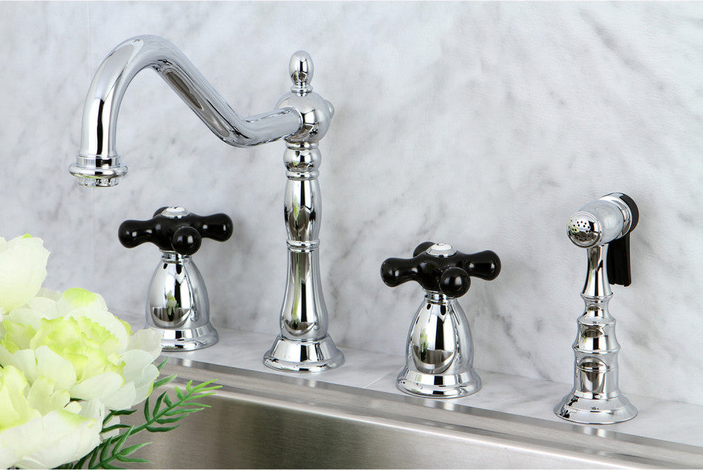 Kingston Brass Widespread Kitchen Faucet With Brass Sprayer, Polished Chrome