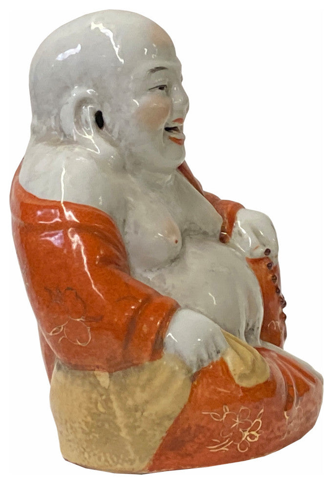 Vintage Finish Orange Off White Porcelain Happy Buddha Statue Hws1585