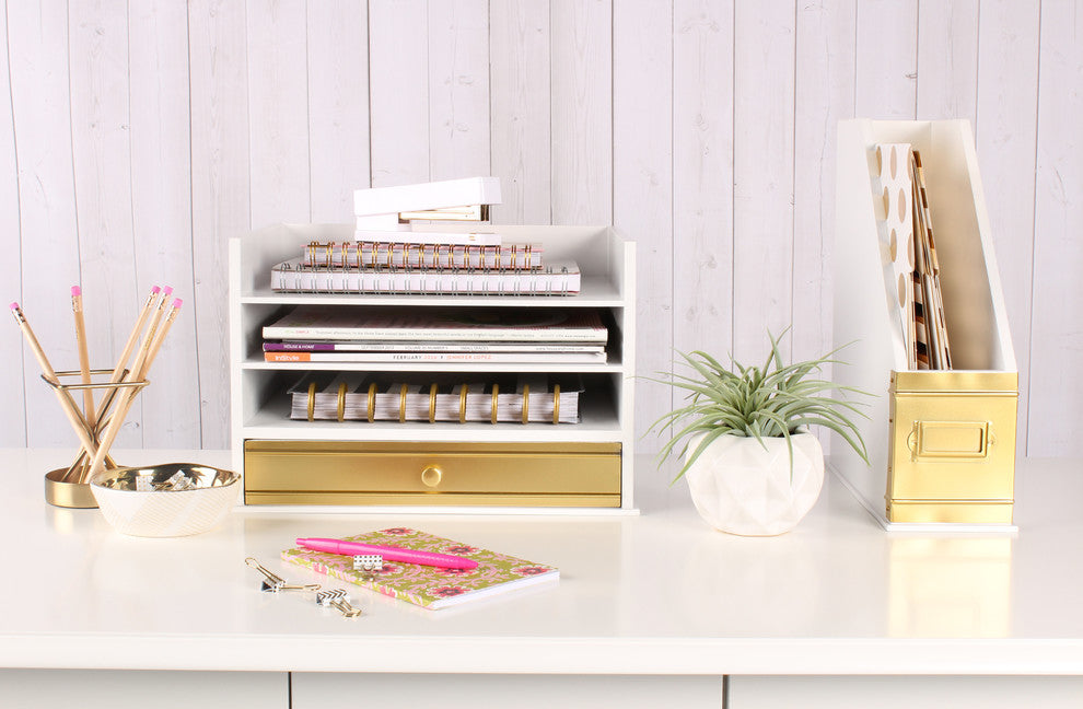 Industrious Desktop Wood Letter Tray, 13x9x10, White/Gold