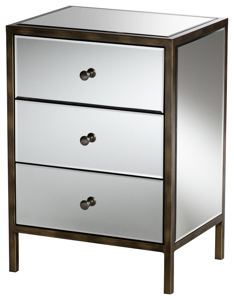 Matthew Hollywood Regency Glamour Mirrored 3-Drawer Nightstand Bedside Table