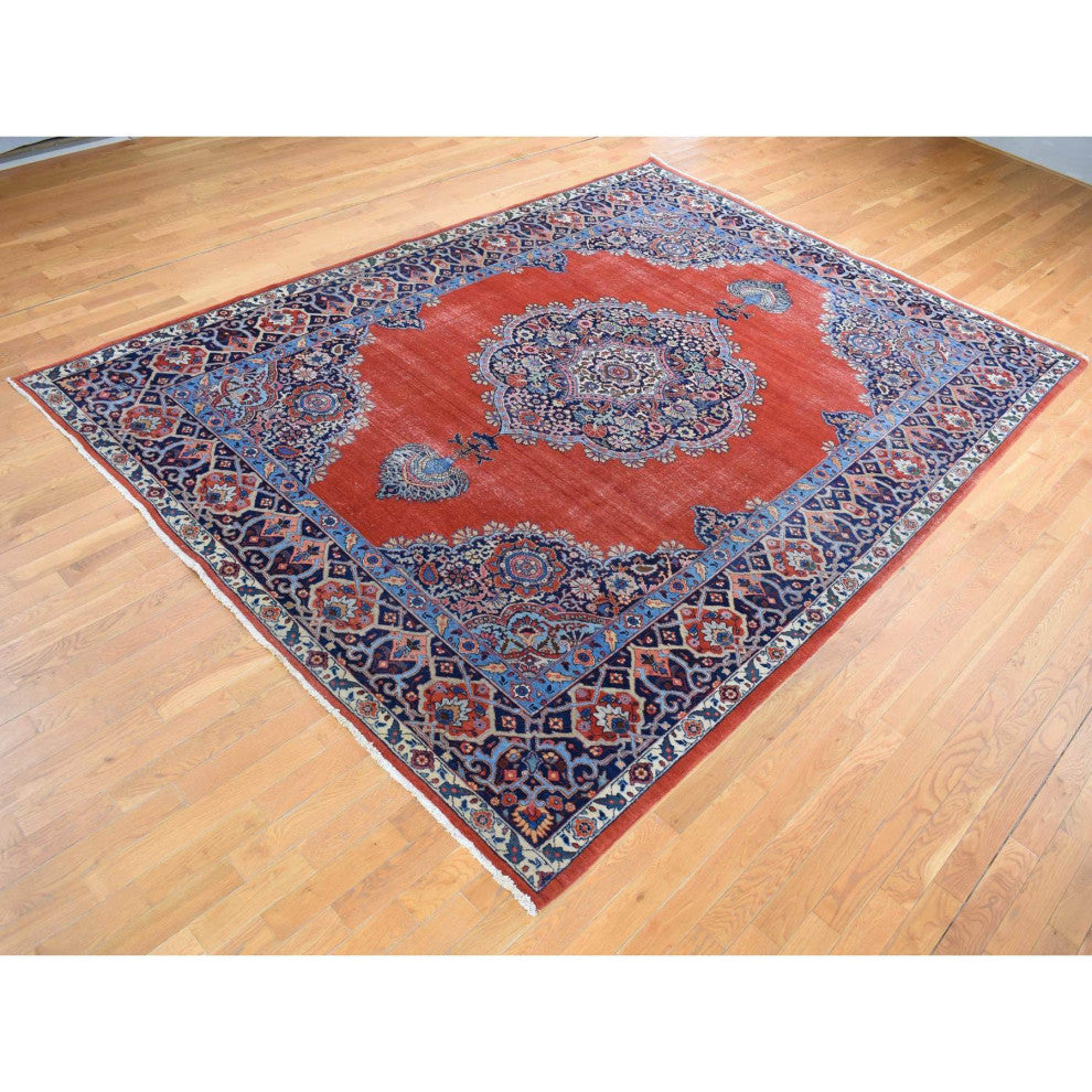 Orange Antique Persian Tabriz Medallion Design Hand Knotted Wool Rug 8'8"x12'
