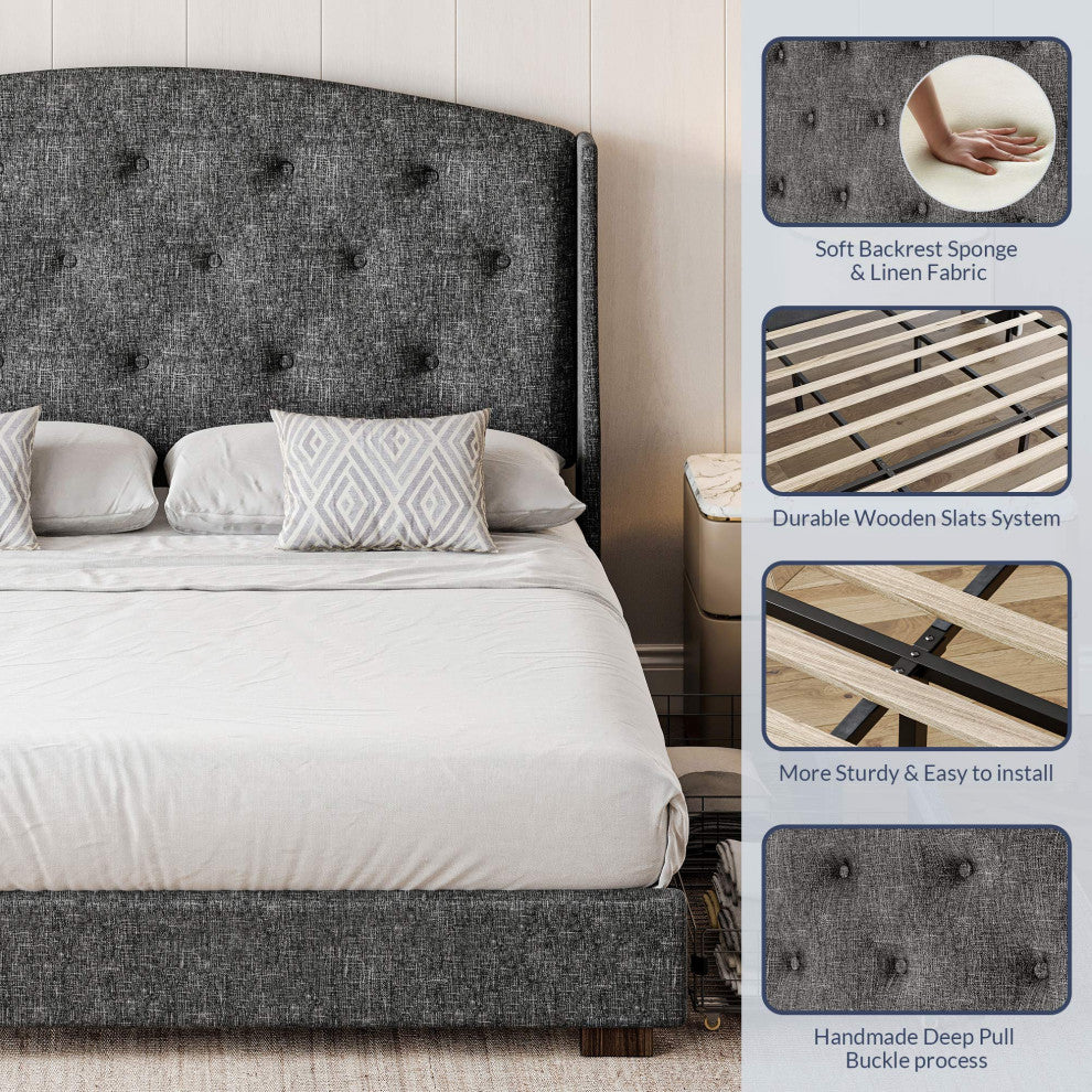 King Bed Frame with Headboard 4 Storage Drawers - Gray