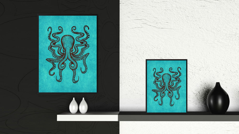 Octopus Animal Aqua Print on Canvas with Picture Frame, 28"x37"