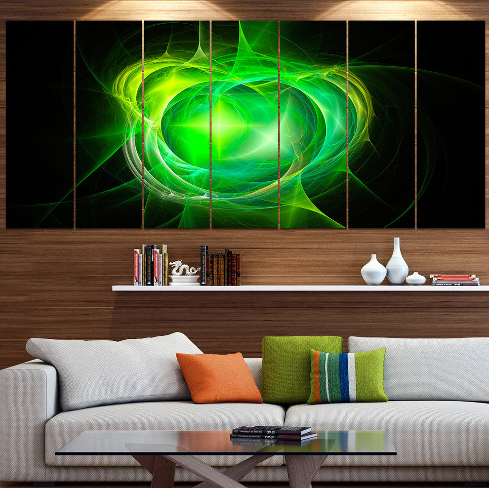 Green Fractal Explosion Supernova, Abstract Canvas Art Print, 83"x32", 7 Panels