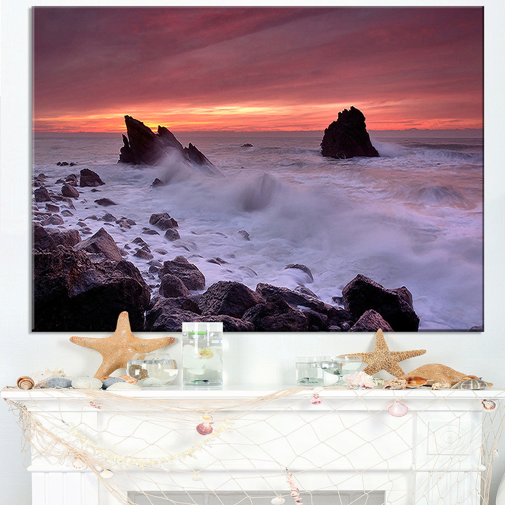 "Force of Sea Hitting Rocky Coast" Contemporary Seascape Art Canvas, 32"x16"