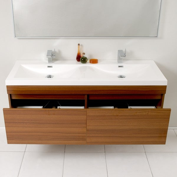 Fresca Largo 57" Teak Modern Bathroom Vanity With Wavy Double Sinks