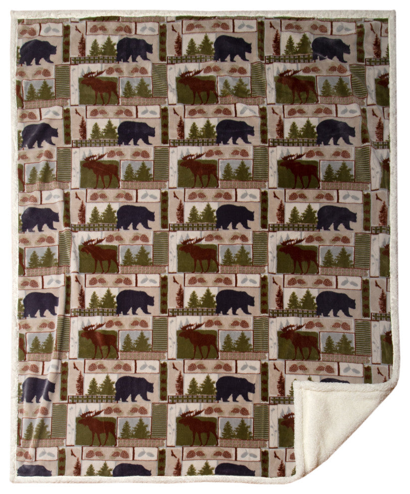 Vintage Lodge Rustic Cabin Sherpa Throw Blanket, 54"x68"
