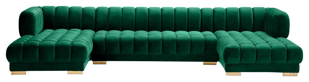 Gwen Biscuit Tufted Velvet Upholstered 3 Piece Sectional, Green
