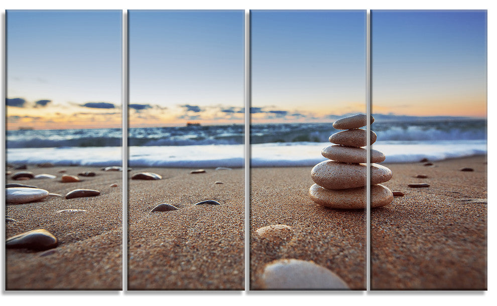 Stones Balance on Sandy Beach, Seashore Canvas Art Print, 48"x28", 4 Panels