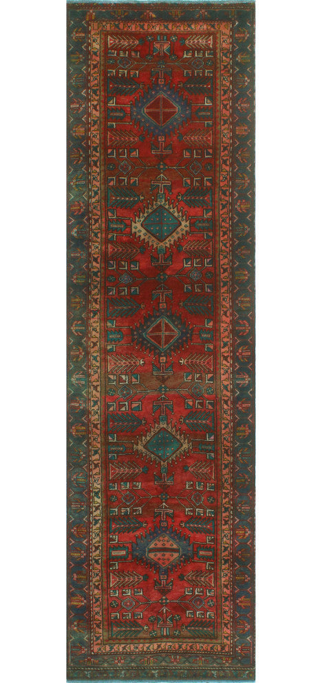 Fine Vintage Distressed Oren Red/Blue Runner, 3'2x11'10