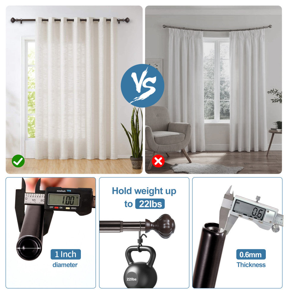 1" Doorknob Drapery Curtain Rod, Bronze, 48"-84"