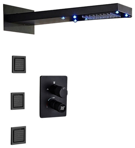 Terracina 22" Matte Black LED Rainfall Shower System With 3 Body Jets, LED