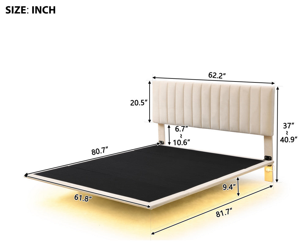 Gewnee Queen Size Upholstered Bed with Sensor Light and Headboard in Beige