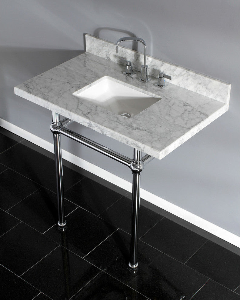 36X22 Marble Vanity Top w/Brass Console Legs, Carrara Marble/Polished Chrome