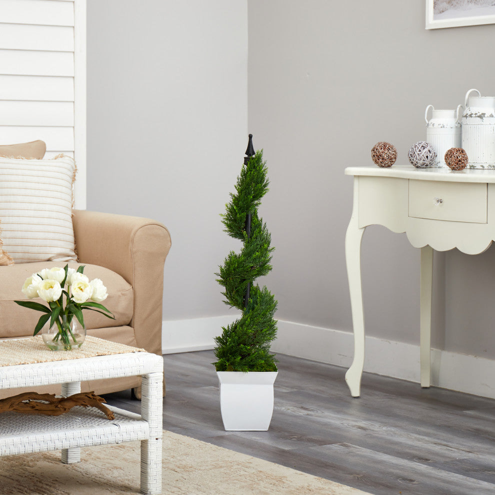 4' Cypress Spiral Topiary Artificial Tree, White Metal Planter