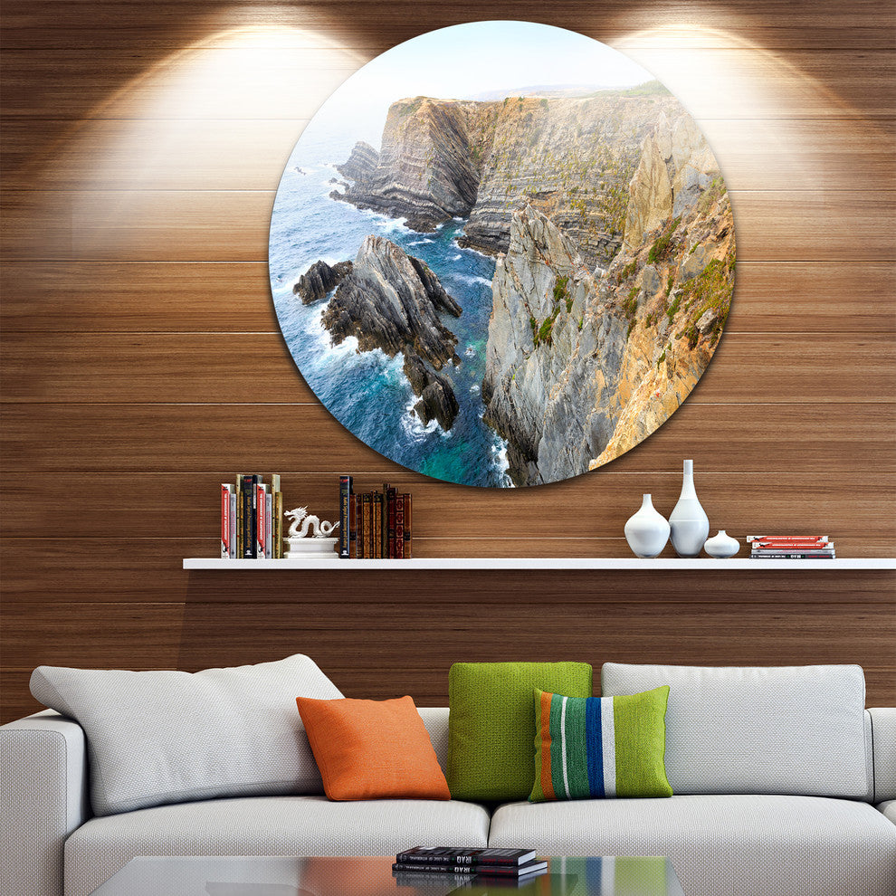 Blue Rocky Bay Portugal Panorama, Seashore Round Metal Wall Art, 11"