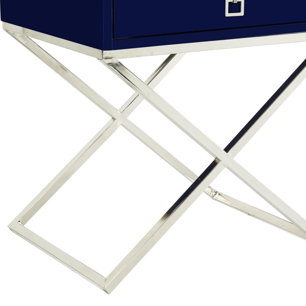 Katie Square Lacquer-Finish X-Metal Leg Nightstand, Navy Chrome