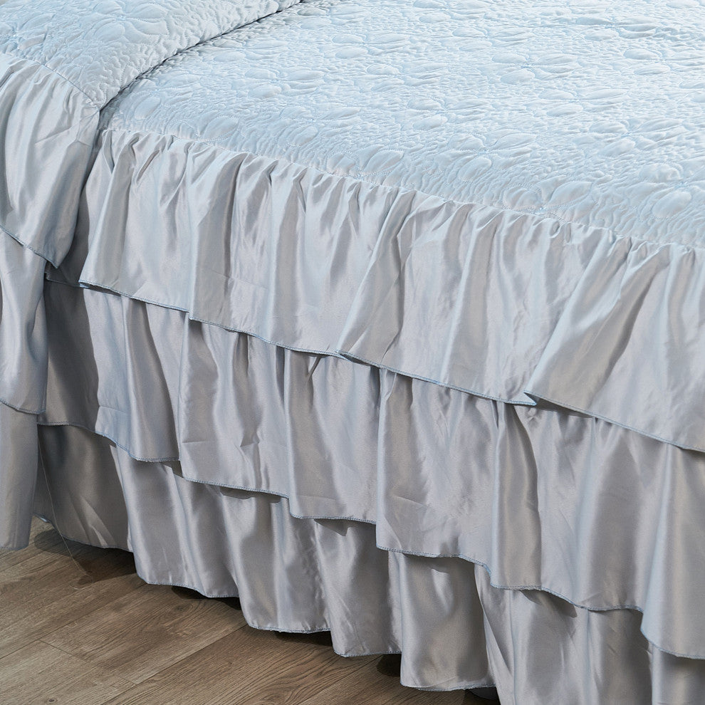 Matte Satin Ruffle 4 Piece Bed Spread Set, Light Blue, Queen